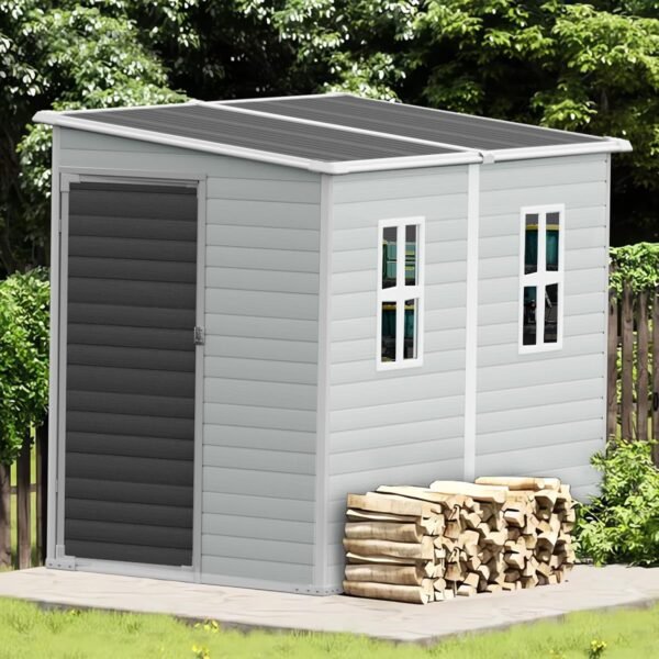 4 x 8 FT Dove Grey Resin Outdoor Storage Shed with Floor & Lockable Door