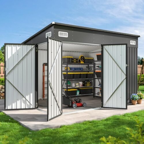 9.4 x 7.3 FT Black Metal Outdoor Storage Shed with Triple Doors