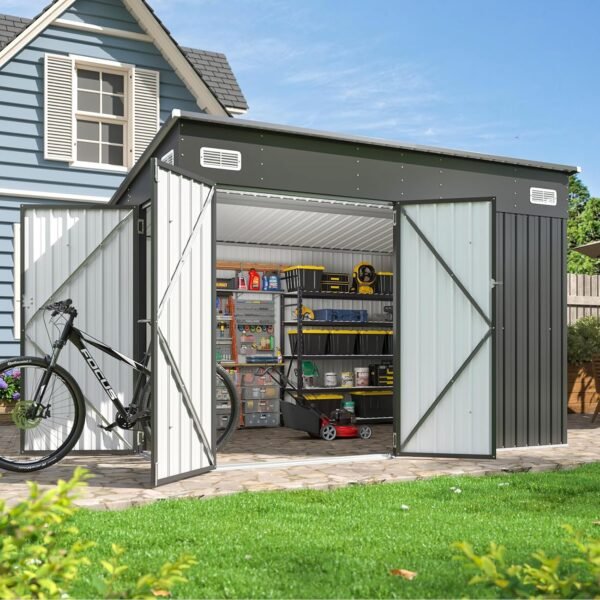 9.4 x 7.3 FT Black Metal Outdoor Storage Shed with Triple Doors