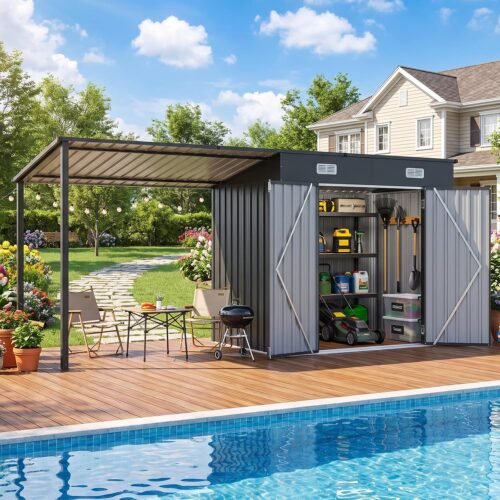 12 x 3.5 FT Black Metal Outdoor Storage Shed & Hardtop Gazebo Combo