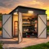 7.5 x 4 FT Black Galvanized Steel Outdoor Storage Shed with Triple Doors & Sensor Lights