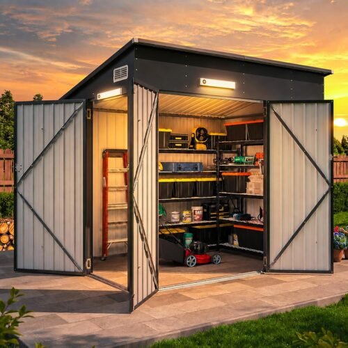 7.5 x 4 FT Black Galvanized Steel Outdoor Storage Shed with Triple Doors & Sensor Lights