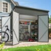 7.5 x 4 FT Black Galvanized Steel Outdoor Storage Shed with Triple Doors & Sensor Lights